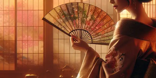 A romantic scene featuring an elegant woman in a traditional kimono, set in a softly lit Japanese tatami room.