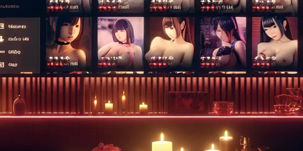 A cozy, dimly-lit room featuring a modern interface for "Snow Wolf Films," showcasing Japanese AV film thumbnails on a large TV.