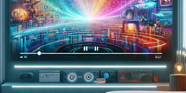 A futuristic living room with a large screen showcasing abstract adult film genres and cozy, stylish decor.