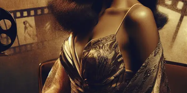 A glamorous female protagonist in a vintage film set, exuding allure and confidence amidst rich, nostalgic decor.