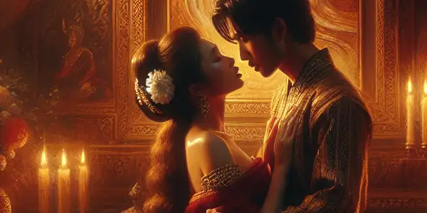 A dimly lit Thai room with two figures expressing longing and conflict, surrounded by rich fabrics and symbolic elements.