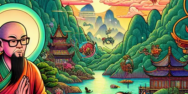 A whimsical scene featuring Tang Seng, Sun Wukong, and Zhu Bajie in a vibrant, fantastical landscape inspired by ancient China.