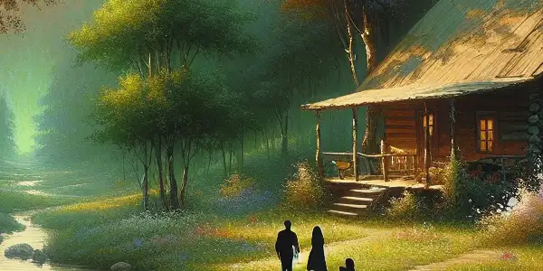 A tranquil rural landscape featuring a cozy cabin, lush forest, blooming wildflowers, and a gentle stream.