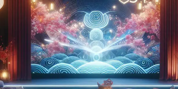 A cozy home theater with plush seating, abstract art on screen, and warm Japanese-inspired decor.