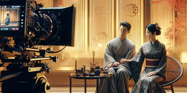 A romantic scene on a Japanese film set, featuring actors in cultural attire amidst cherry blossoms and soft lighting.