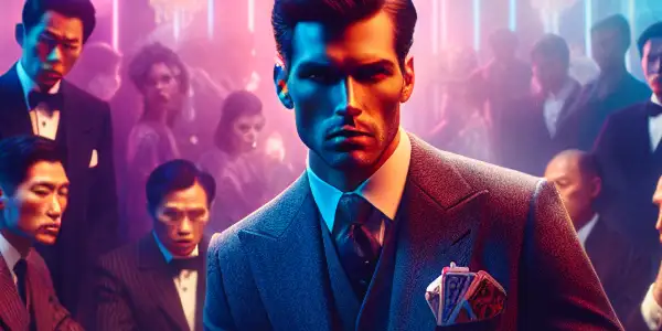 A tense underground casino scene featuring a confident gambler surrounded by intense competitors and eager onlookers.