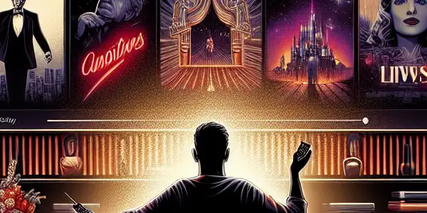 A sleek digital interface for an adult entertainment platform with diverse film thumbnails and a stylish viewer in a luxurious setting.