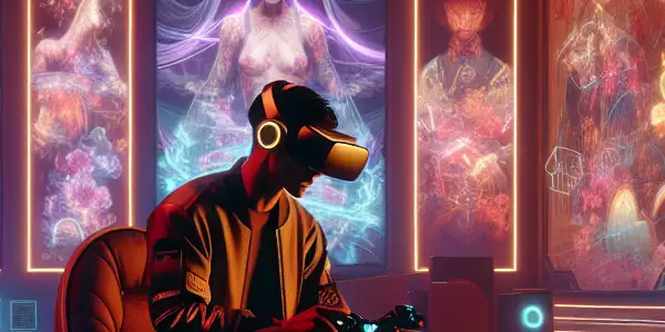 A futuristic VR room featuring a person immersed in an interactive Asian-themed adult entertainment experience with vibrant holographic images.