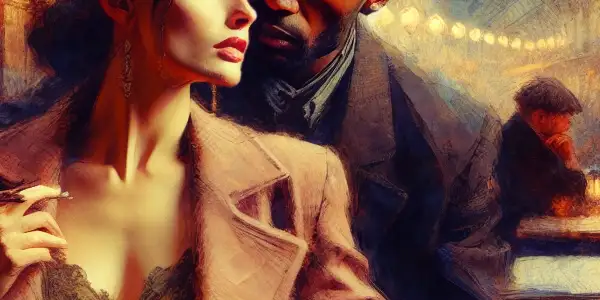 A couple shares an intimate moment in a dimly lit Parisian café, surrounded by iconic architecture.