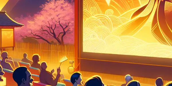 A vibrant outdoor film festival scene with a diverse audience, illuminated screen, cherry blossoms, and cozy seating.