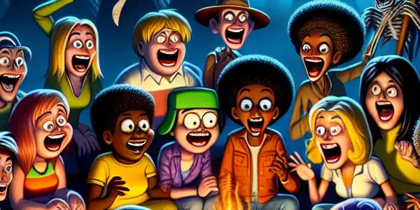 A group of cartoonish teenagers shares spooky stories around a campfire in a whimsical, eerie forest.