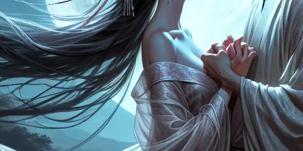 A romantic moment under a full moon with a couple surrounded by cherry blossoms in a serene garden.