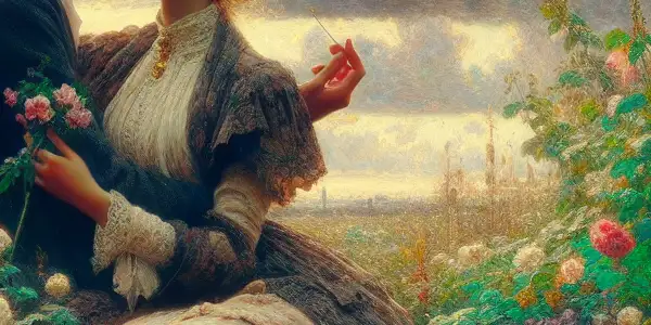 A romantic couple embraces in a dreamy outdoor landscape filled with soft clouds, greenery, and delicate flowers.