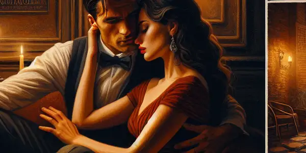 A romantic couple in a candlelit room, embodying longing and desire, with vintage Italian cinematic elements.