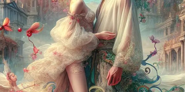 A dreamlike landscape featuring intertwined figures of desire, blending Italian romance with Japanese boldness amidst vibrant colors and whimsical architecture.