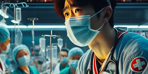 A dedicated doctor in full medical gear attends to a patient in a bustling hospital during the pandemic.