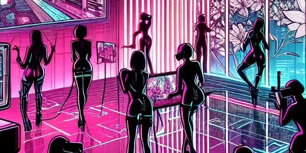 A futuristic virtual reality room featuring silhouettes of performers, vibrant colors, and elements of Japanese aesthetics.