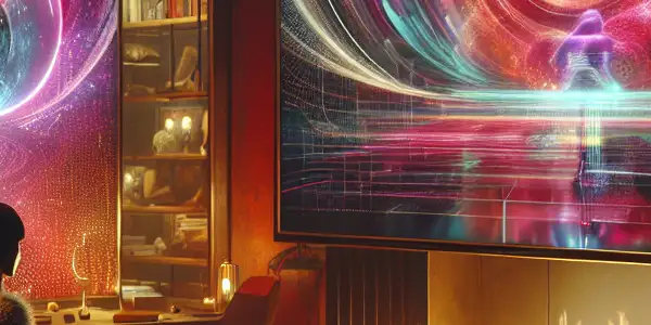 A cozy, modern living room featuring a person using a tablet for adult subscription services with vibrant visuals.