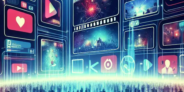 A vibrant digital platform showcasing Japanese adult films with users interacting through screens and engaging graphics.