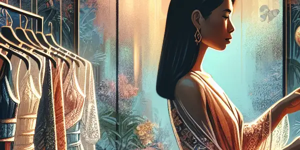 A chic boutique display featuring elegant lingerie styles with a confident model, exuding allure and sophistication.