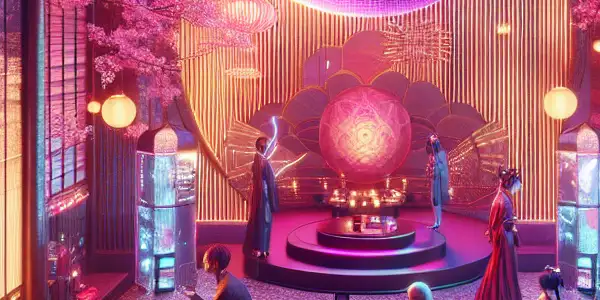A futuristic adult film studio featuring diverse characters, vintage props, and modern technology in a vibrant, alluring atmosphere.