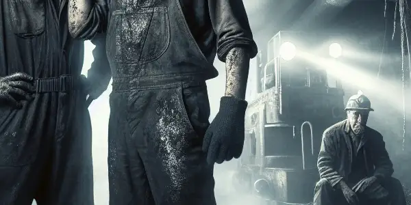 Two rugged miners whisper conspiratorially in a dark, claustrophobic coal mine, surrounded by shadows and mining tools.