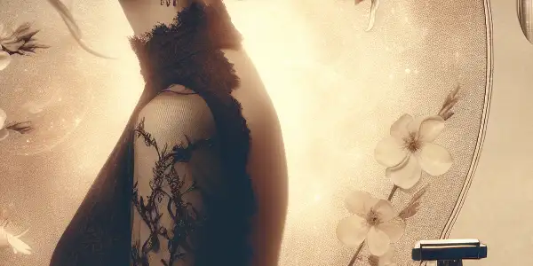 An elegantly dressed woman in a luxurious, romantic setting filled with soft light, flowers, and candles.