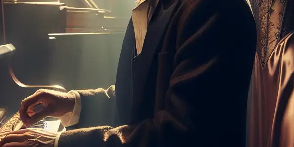 A male tuner adjusts a grand piano in a dimly lit music studio, while a mysterious woman stands in shadows.