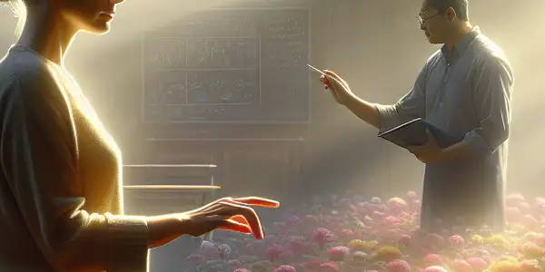 A visually impaired woman connects with nature in a sunlit garden, symbolizing strength, resilience, and mentorship.