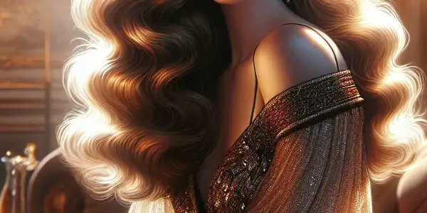 A glamorous woman in an elegant living room, exuding allure and mystery, seated on a plush sofa.