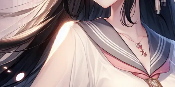 Aoi Sora in a classic schoolgirl uniform, surrounded by cherry blossoms and traditional architecture, exuding allure and charm.