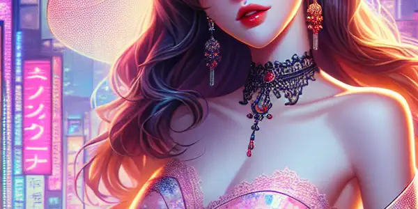 A glamorous female figure inspired by Aoi Sora in a vibrant, neon-lit Tokyo, surrounded by cherry blossoms and nightlife.