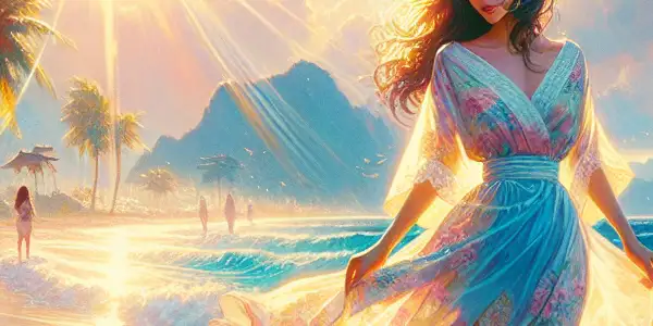A stylish woman in a sundress enjoys a sunlit beach, surrounded by waves, palm trees, and cherry blossoms.