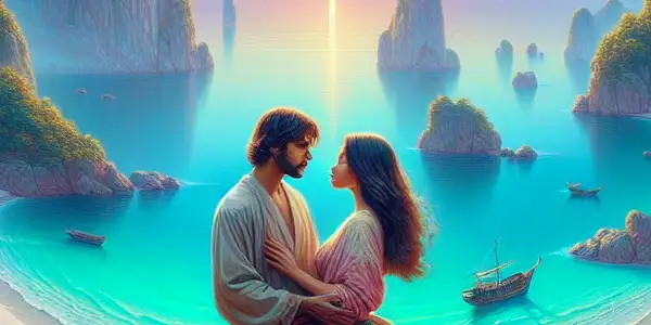 A romantic couple embraces on a picturesque beach surrounded by lush vegetation and a pastel sunset.